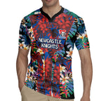Newcastle Knights Rugby Jersey Tropical Hibiscus Floral Pattern With Blue And Red Accents