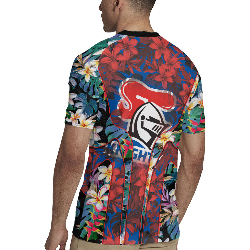 Newcastle Knights Rugby Jersey Tropical Hibiscus Floral Pattern With Blue And Red Accents