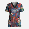 Newcastle Knights Scrub Top Tropical Hibiscus Floral Pattern With Blue And Red Accents