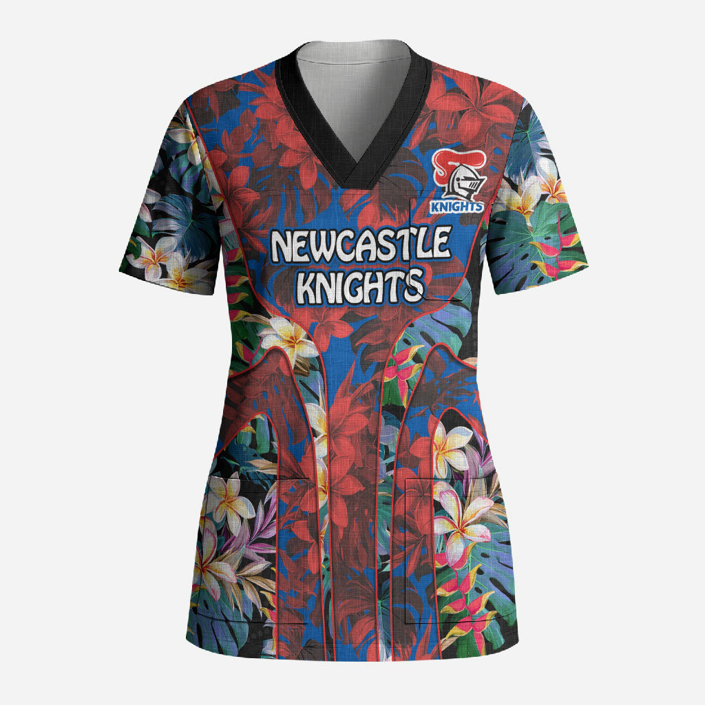 Newcastle Knights Scrub Top Tropical Hibiscus Floral Pattern With Blue And Red Accents