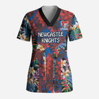 Newcastle Knights Scrub Top Tropical Hibiscus Floral Pattern With Blue And Red Accents