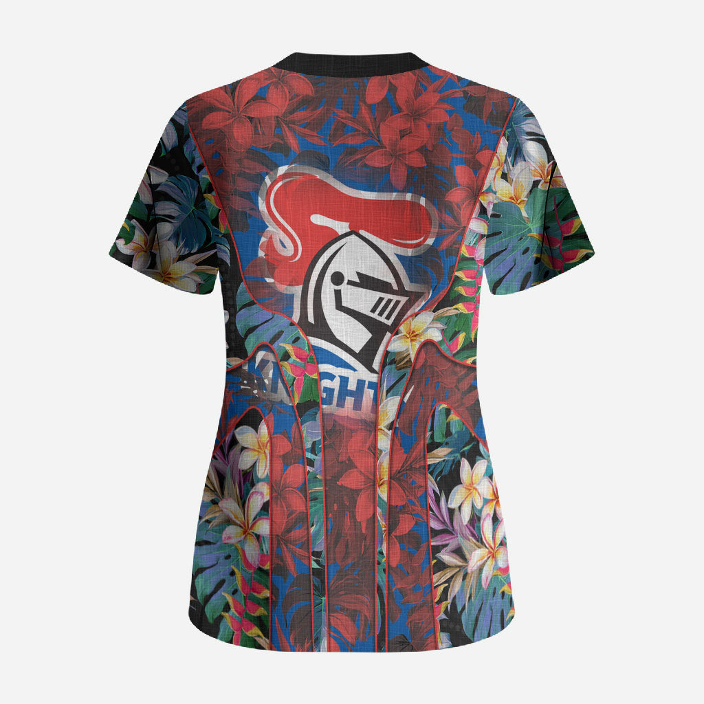 Newcastle Knights Scrub Top Tropical Hibiscus Floral Pattern With Blue And Red Accents