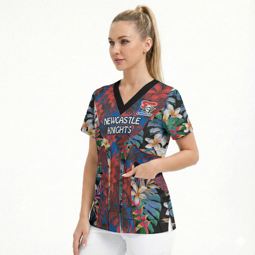 Newcastle Knights Scrub Top Tropical Hibiscus Floral Pattern With Blue And Red Accents
