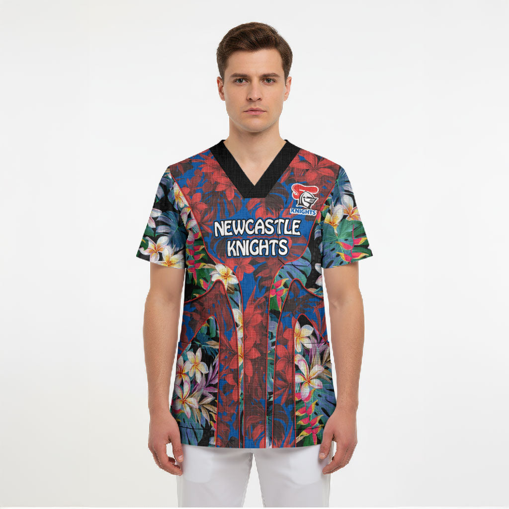 Newcastle Knights Scrub Top Tropical Hibiscus Floral Pattern With Blue And Red Accents