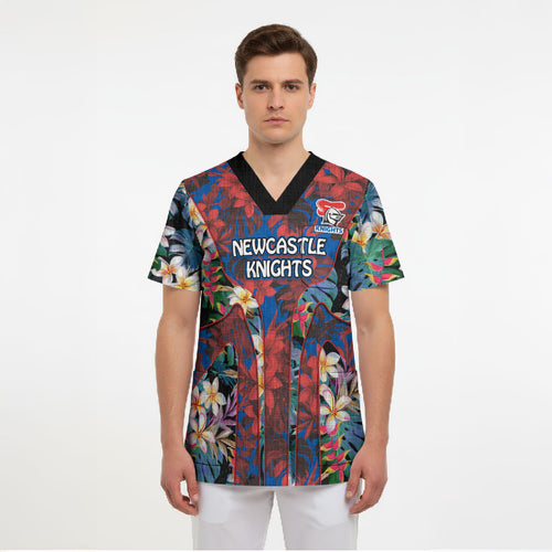 Newcastle Knights Scrub Top Tropical Hibiscus Floral Pattern With Blue And Red Accents