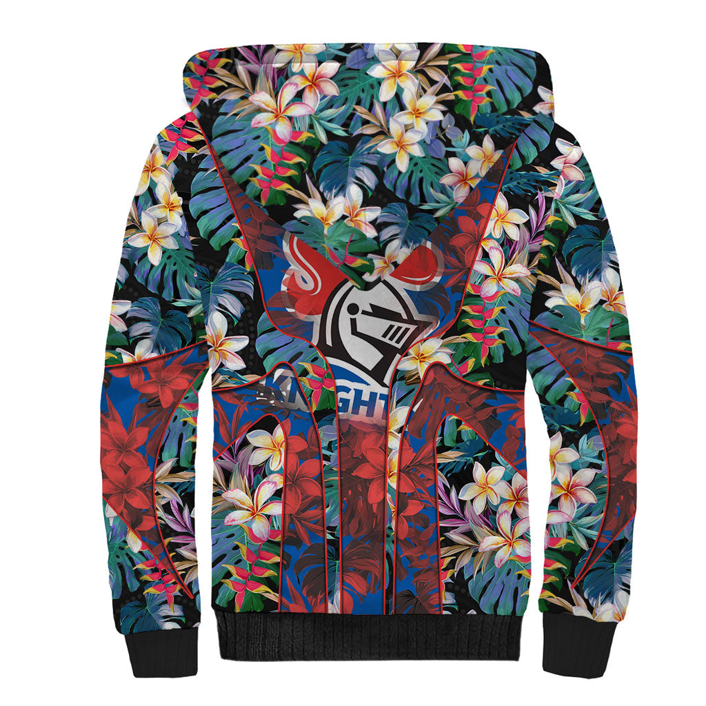 Newcastle Knights Sherpa Hoodie Tropical Hibiscus Floral Pattern With Blue And Red Accents