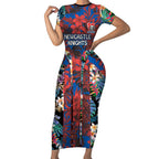 Newcastle Knights Short Sleeve Bodycon Dress Tropical Hibiscus Floral Pattern With Blue And Red Accents