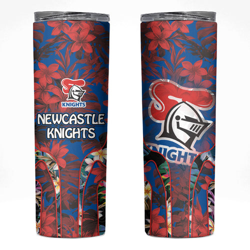 Newcastle Knights Skinny Tumbler Tropical Hibiscus Floral Pattern With Blue And Red Accents