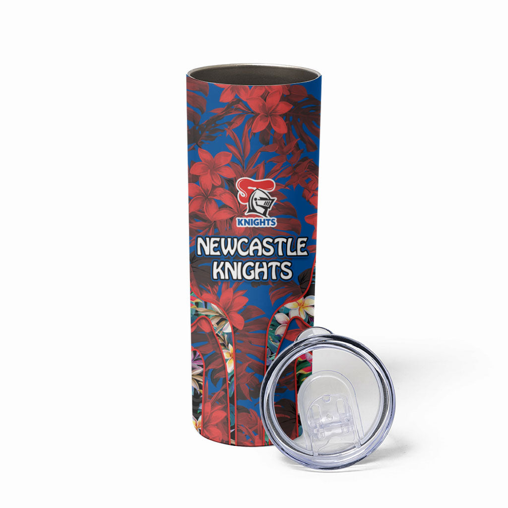 Newcastle Knights Skinny Tumbler Tropical Hibiscus Floral Pattern With Blue And Red Accents