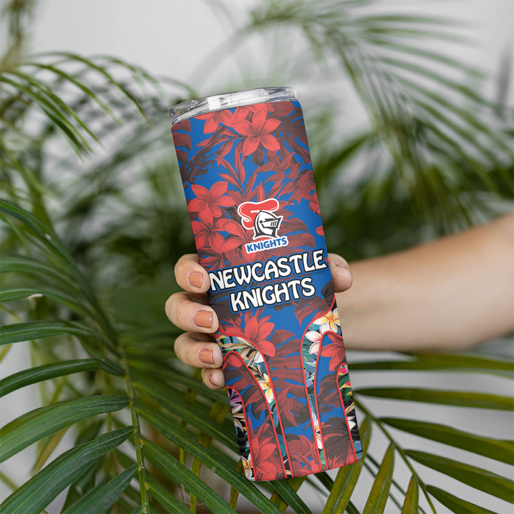 Newcastle Knights Skinny Tumbler Tropical Hibiscus Floral Pattern With Blue And Red Accents