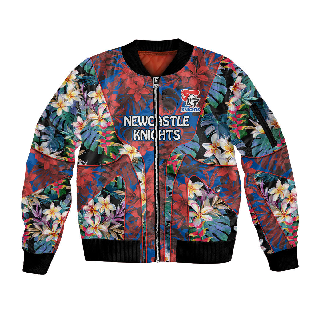 Newcastle Knights Sleeve Zip Bomber Jacket Tropical Hibiscus Floral Pattern With Blue And Red Accents