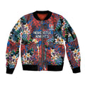 Newcastle Knights Sleeve Zip Bomber Jacket Tropical Hibiscus Floral Pattern With Blue And Red Accents