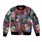 Newcastle Knights Sleeve Zip Bomber Jacket Tropical Hibiscus Floral Pattern With Blue And Red Accents