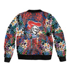 Newcastle Knights Sleeve Zip Bomber Jacket Tropical Hibiscus Floral Pattern With Blue And Red Accents