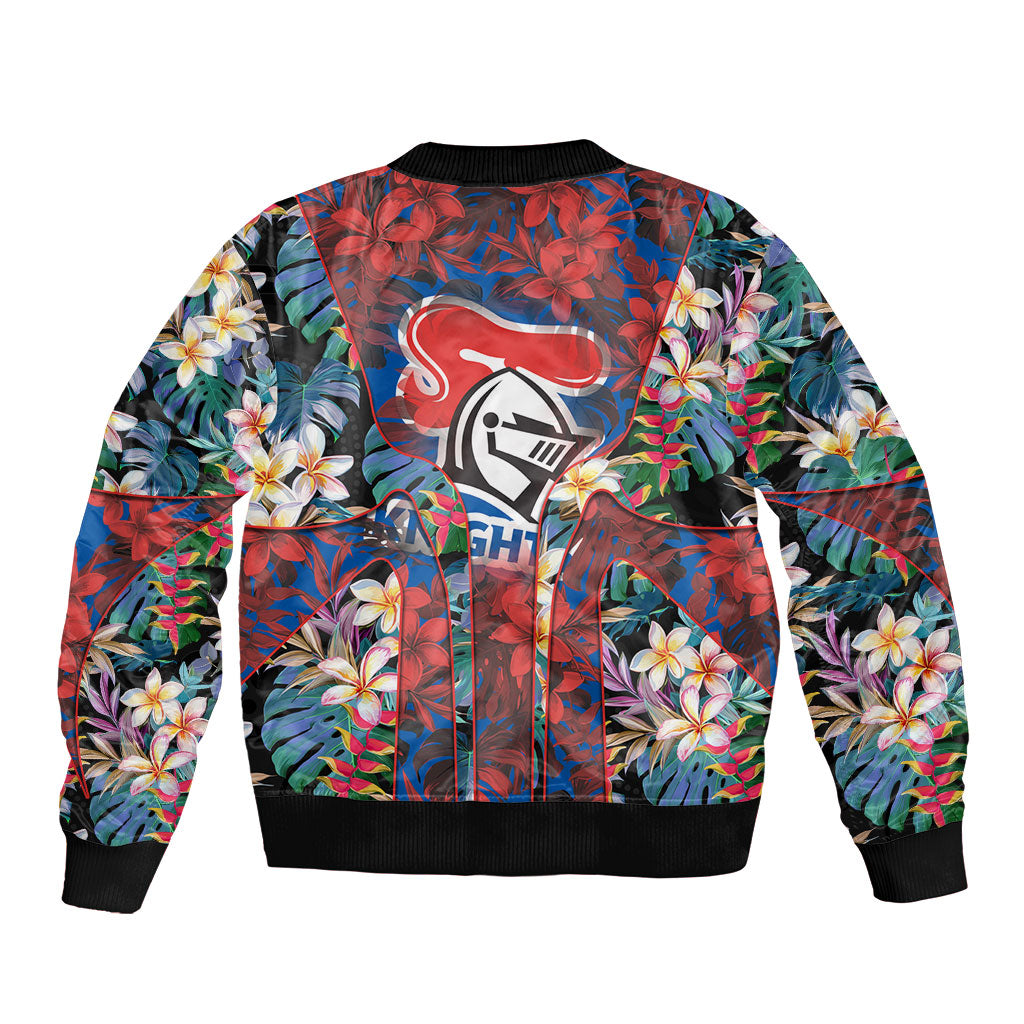 Newcastle Knights Sleeve Zip Bomber Jacket Tropical Hibiscus Floral Pattern With Blue And Red Accents