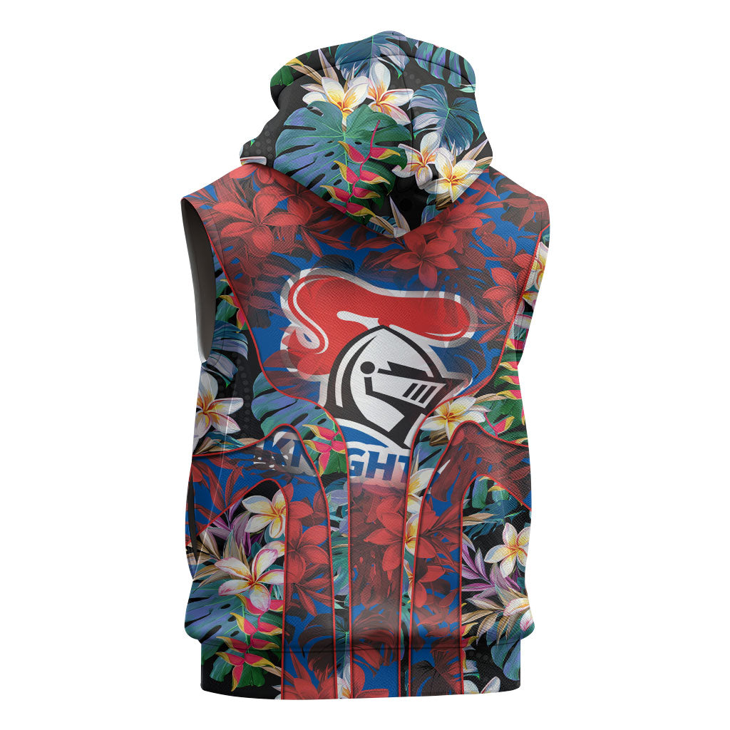 Newcastle Knights Sleeveless Hoodie Tropical Hibiscus Floral Pattern With Blue And Red Accents