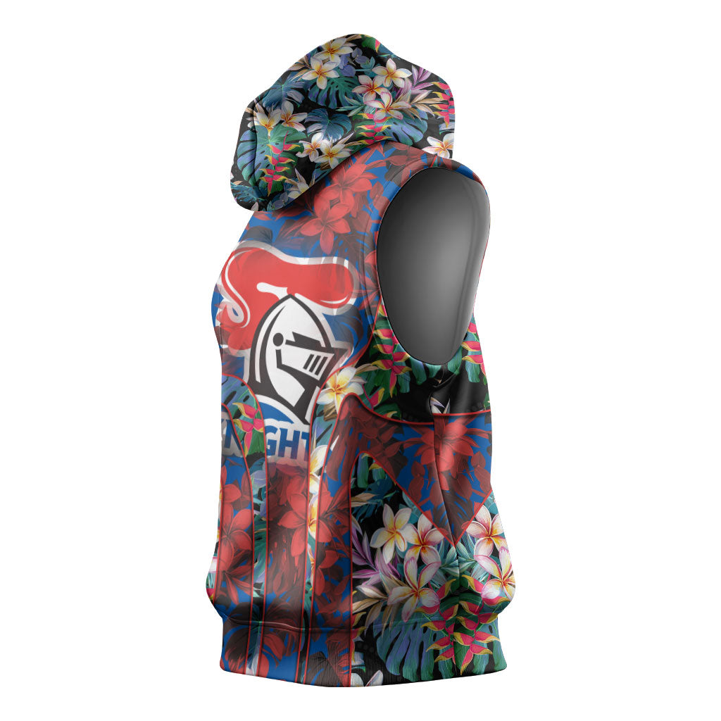 Newcastle Knights Sleeveless Hoodie Tropical Hibiscus Floral Pattern With Blue And Red Accents