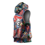 Newcastle Knights Sleeveless Hoodie Tropical Hibiscus Floral Pattern With Blue And Red Accents