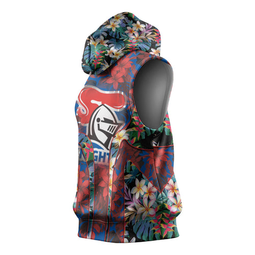 Newcastle Knights Sleeveless Hoodie Tropical Hibiscus Floral Pattern With Blue And Red Accents