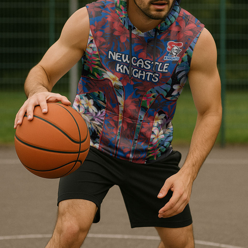 Newcastle Knights Sleeveless Hoodie Tropical Hibiscus Floral Pattern With Blue And Red Accents