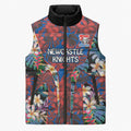 Newcastle Knights Sleeveless Puffer Jacket Tropical Hibiscus Floral Pattern With Blue And Red Accents