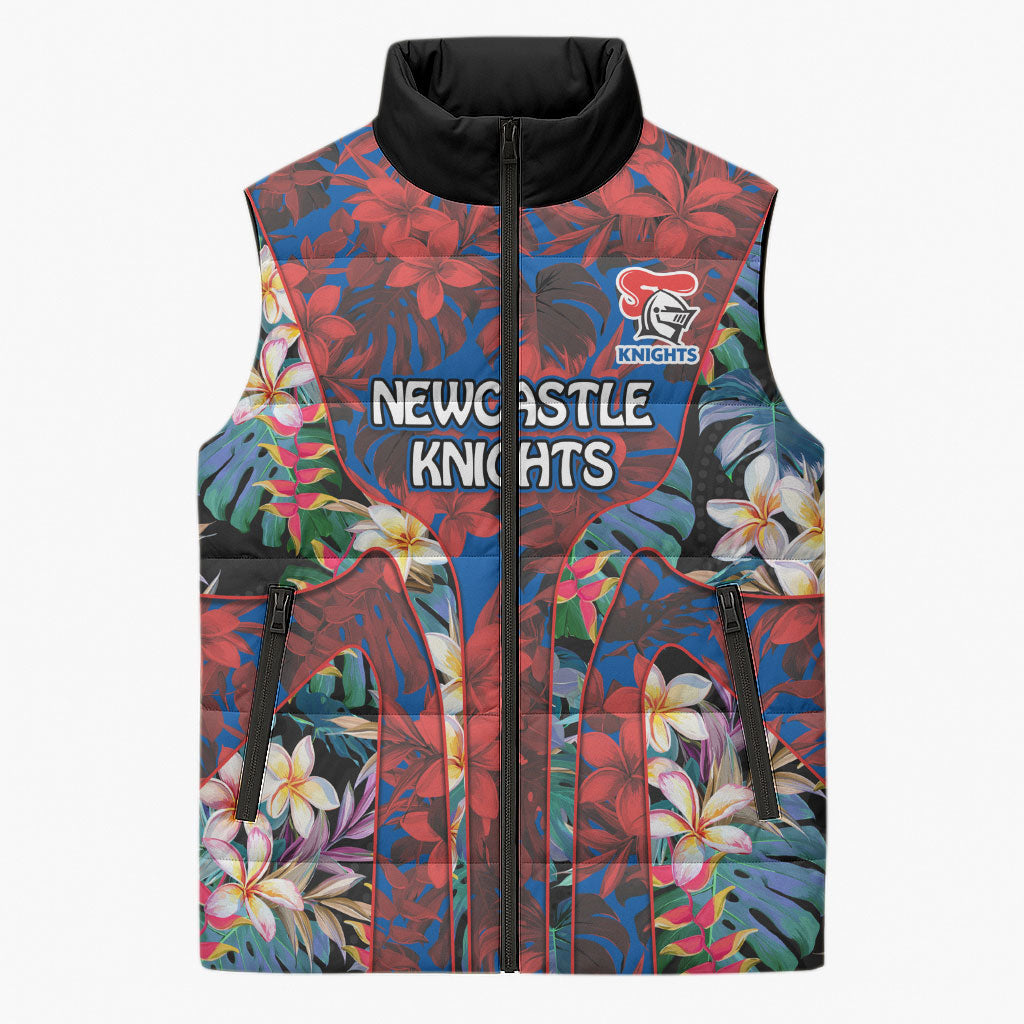 Newcastle Knights Sleeveless Puffer Jacket Tropical Hibiscus Floral Pattern With Blue And Red Accents