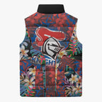 Newcastle Knights Sleeveless Puffer Jacket Tropical Hibiscus Floral Pattern With Blue And Red Accents
