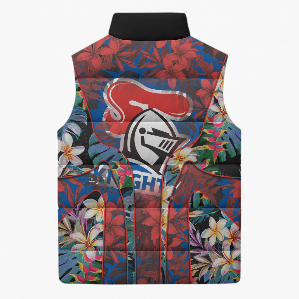 Newcastle Knights Sleeveless Puffer Jacket Tropical Hibiscus Floral Pattern With Blue And Red Accents