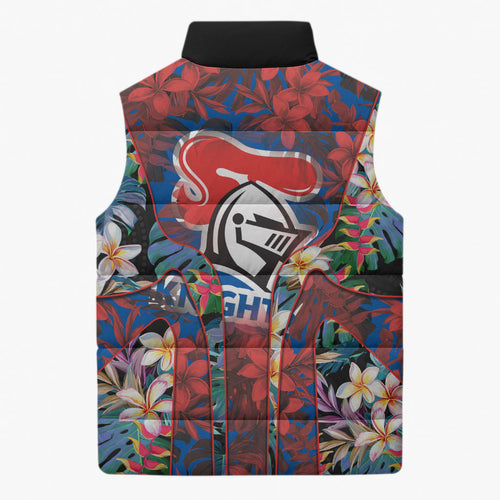 Newcastle Knights Sleeveless Puffer Jacket Tropical Hibiscus Floral Pattern With Blue And Red Accents