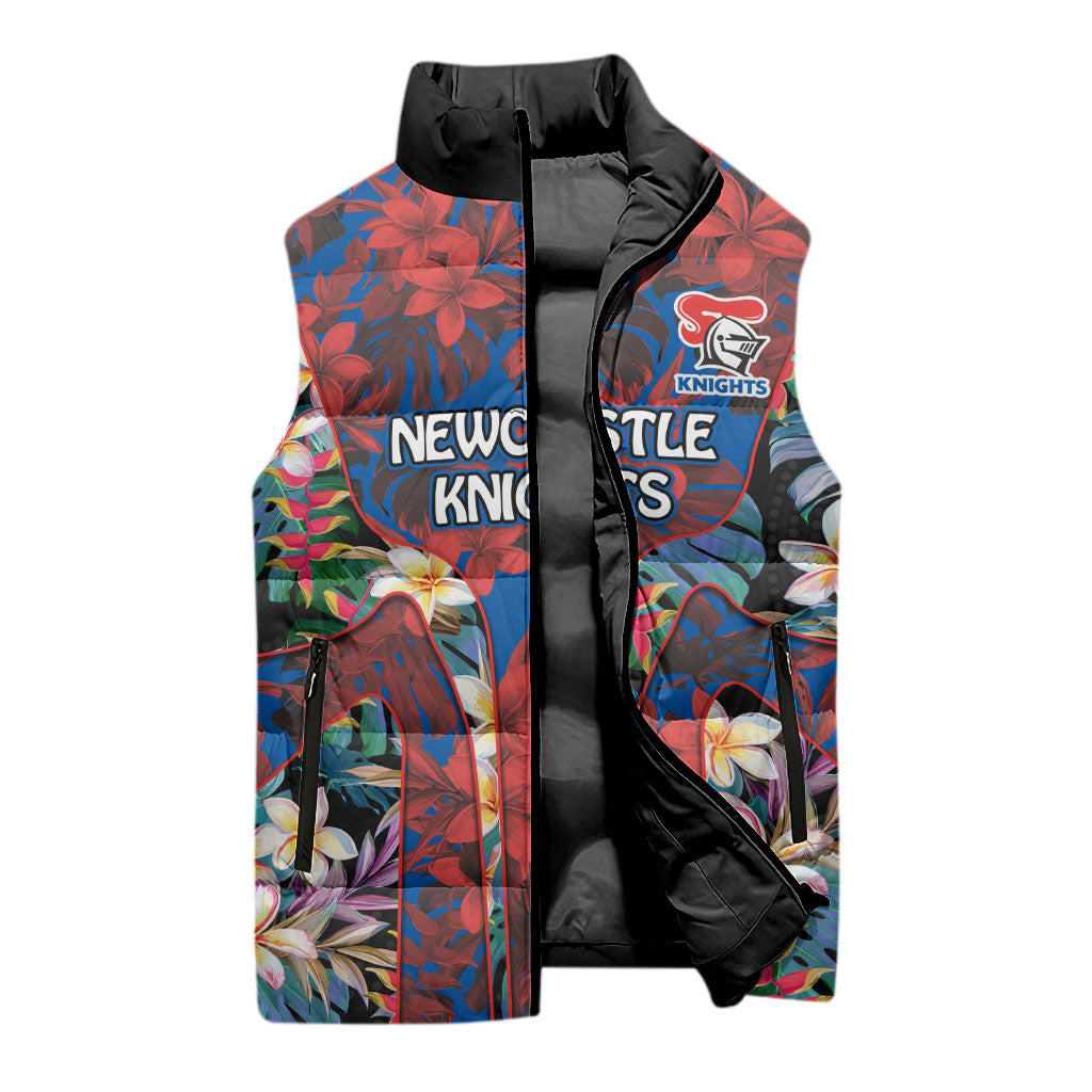 Newcastle Knights Sleeveless Puffer Jacket Tropical Hibiscus Floral Pattern With Blue And Red Accents