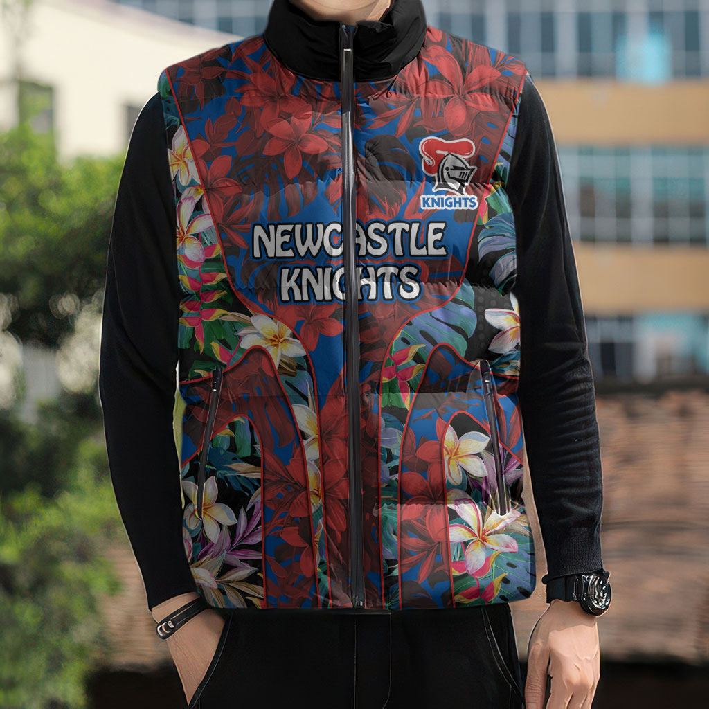 Newcastle Knights Sleeveless Puffer Jacket Tropical Hibiscus Floral Pattern With Blue And Red Accents