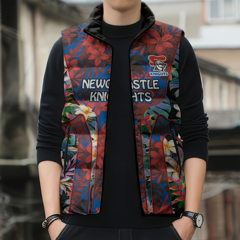 Newcastle Knights Sleeveless Puffer Jacket Tropical Hibiscus Floral Pattern With Blue And Red Accents