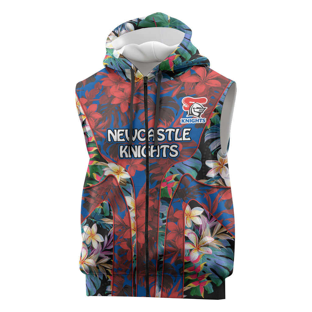 Newcastle Knights Sleeveless Zip Hoodie Tropical Hibiscus Floral Pattern With Blue And Red Accents