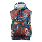 Newcastle Knights Sleeveless Zip Hoodie Tropical Hibiscus Floral Pattern With Blue And Red Accents