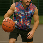 Newcastle Knights Sleeveless Zip Hoodie Tropical Hibiscus Floral Pattern With Blue And Red Accents