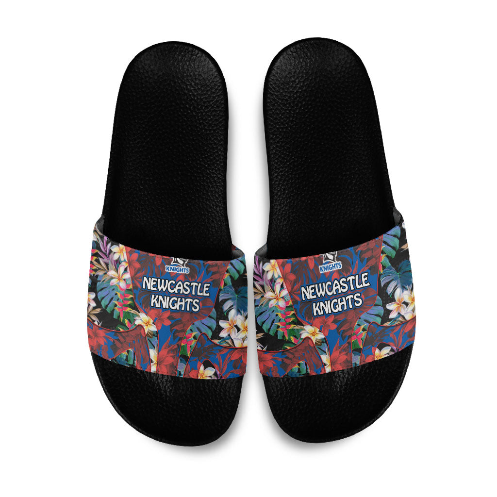 Newcastle Knights Slide Sandals Tropical Hibiscus Floral Pattern With Blue And Red Accents