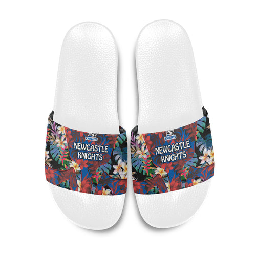 Newcastle Knights Slide Sandals Tropical Hibiscus Floral Pattern With Blue And Red Accents