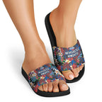 Newcastle Knights Slide Sandals Tropical Hibiscus Floral Pattern With Blue And Red Accents