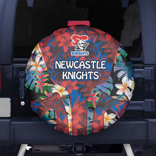Newcastle Knights Spare Tire Cover Tropical Hibiscus Floral Pattern With Blue And Red Accents
