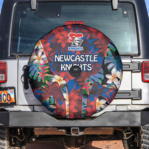 Newcastle Knights Spare Tire Cover Tropical Hibiscus Floral Pattern With Blue And Red Accents