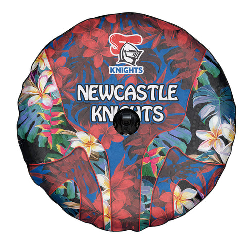 Newcastle Knights Spare Tire Cover Tropical Hibiscus Floral Pattern With Blue And Red Accents