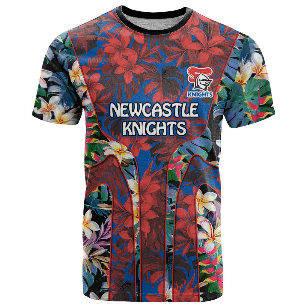Newcastle Knights T Shirt Tropical Hibiscus Floral Pattern With Blue And Red Accents
