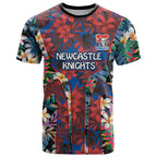 Newcastle Knights T Shirt Tropical Hibiscus Floral Pattern With Blue And Red Accents