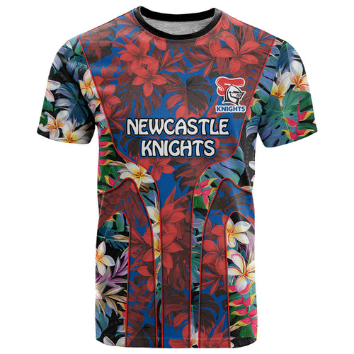 Newcastle Knights T Shirt Tropical Hibiscus Floral Pattern With Blue And Red Accents