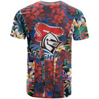 Newcastle Knights T Shirt Tropical Hibiscus Floral Pattern With Blue And Red Accents