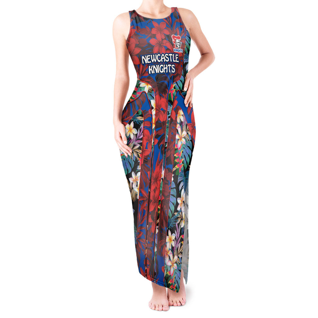 Newcastle Knights Tank Maxi Dress Tropical Hibiscus Floral Pattern With Blue And Red Accents