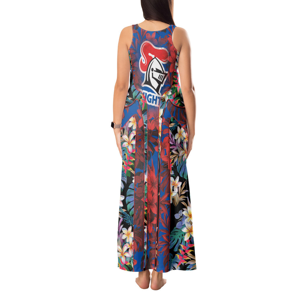 Newcastle Knights Tank Maxi Dress Tropical Hibiscus Floral Pattern With Blue And Red Accents