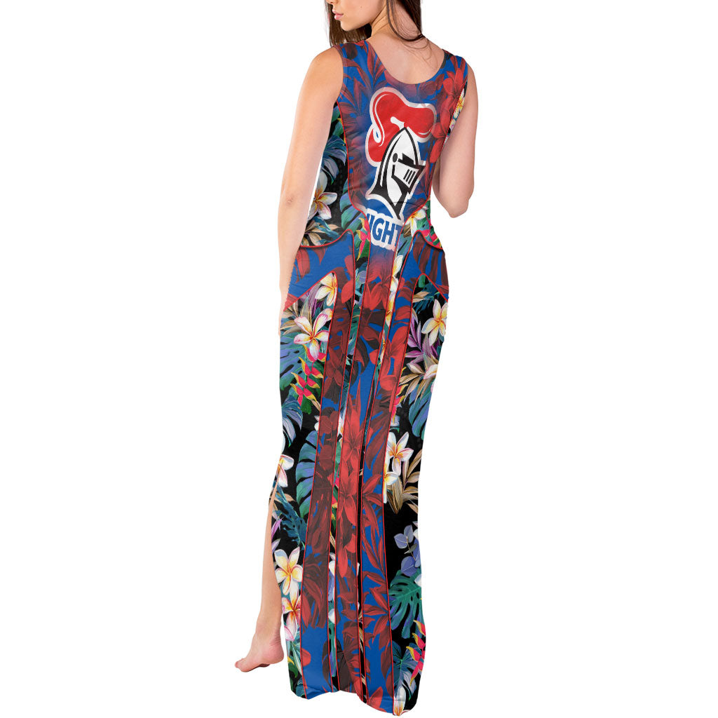 Newcastle Knights Tank Maxi Dress Tropical Hibiscus Floral Pattern With Blue And Red Accents