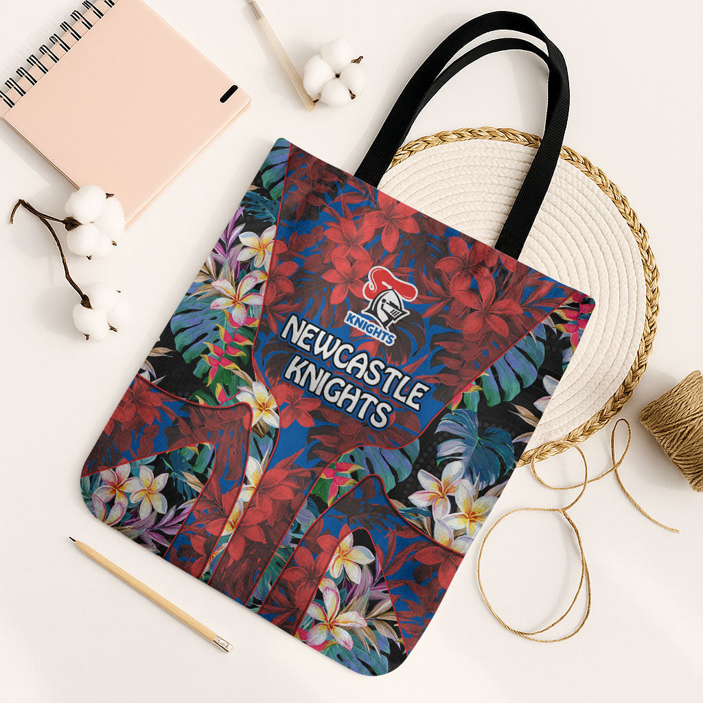 Newcastle Knights Tote Bag Tropical Hibiscus Floral Pattern With Blue And Red Accents