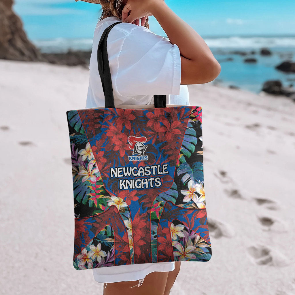 Newcastle Knights Tote Bag Tropical Hibiscus Floral Pattern With Blue And Red Accents